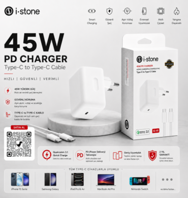 İ-STONE 45 Watt Süper Hızlı Şarj Adaptörü + TYPE-C TO TYPE-C Hasır Kablo