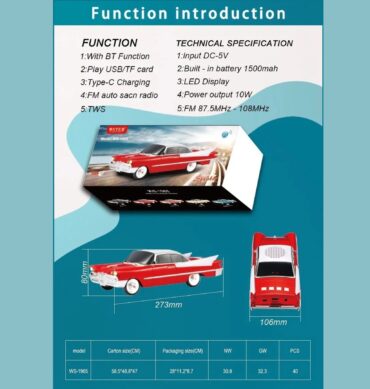WS-1965 Nostaljik Klasik Araba Tasarımlı Bluetooth Hoparlör (FM Radyo / TWS / TF / USB) Zümrüt Yeşili