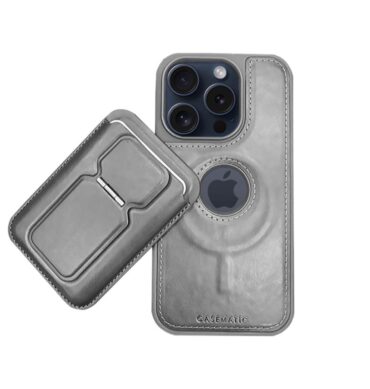 Iphone 15 Promax İçin Magsafe Özellikli Cüzdanlı Mıknatıslı Lüks Deri Kılıf Gri